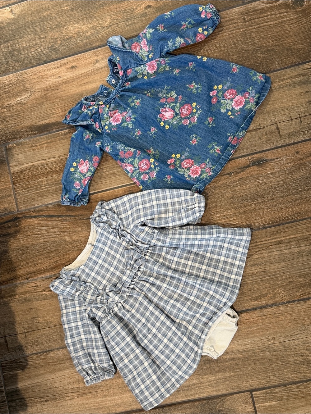 GAP Girls Blue Floral Denim Floral and Blue and Gray Flannel Stripe Dresses